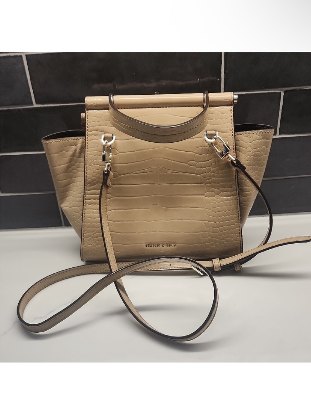 Charles & Keith Beige Croc-Embossed Crossbody Bag